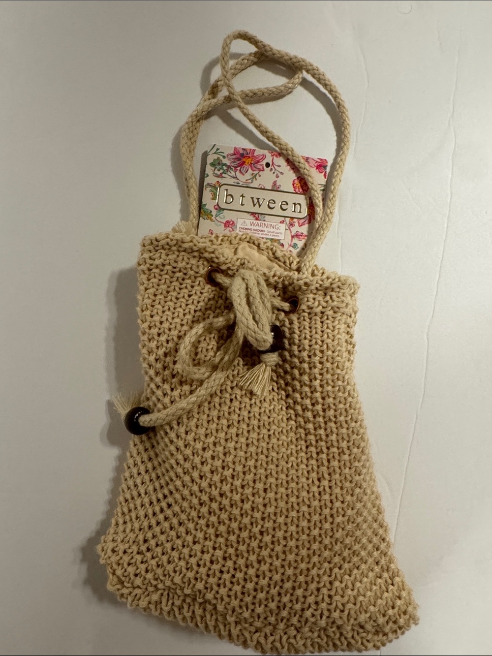 btween Cream Knit Drawstring Shoulder Bag